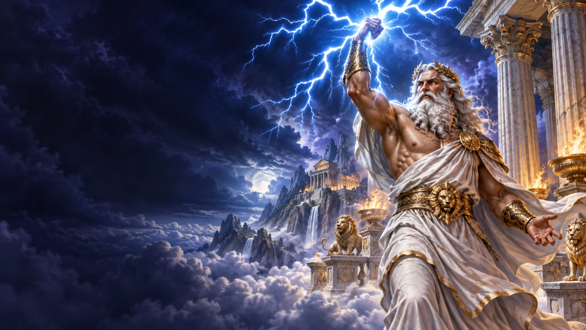A Zeus and Mount Olympus themed slot machine crackling with lightning