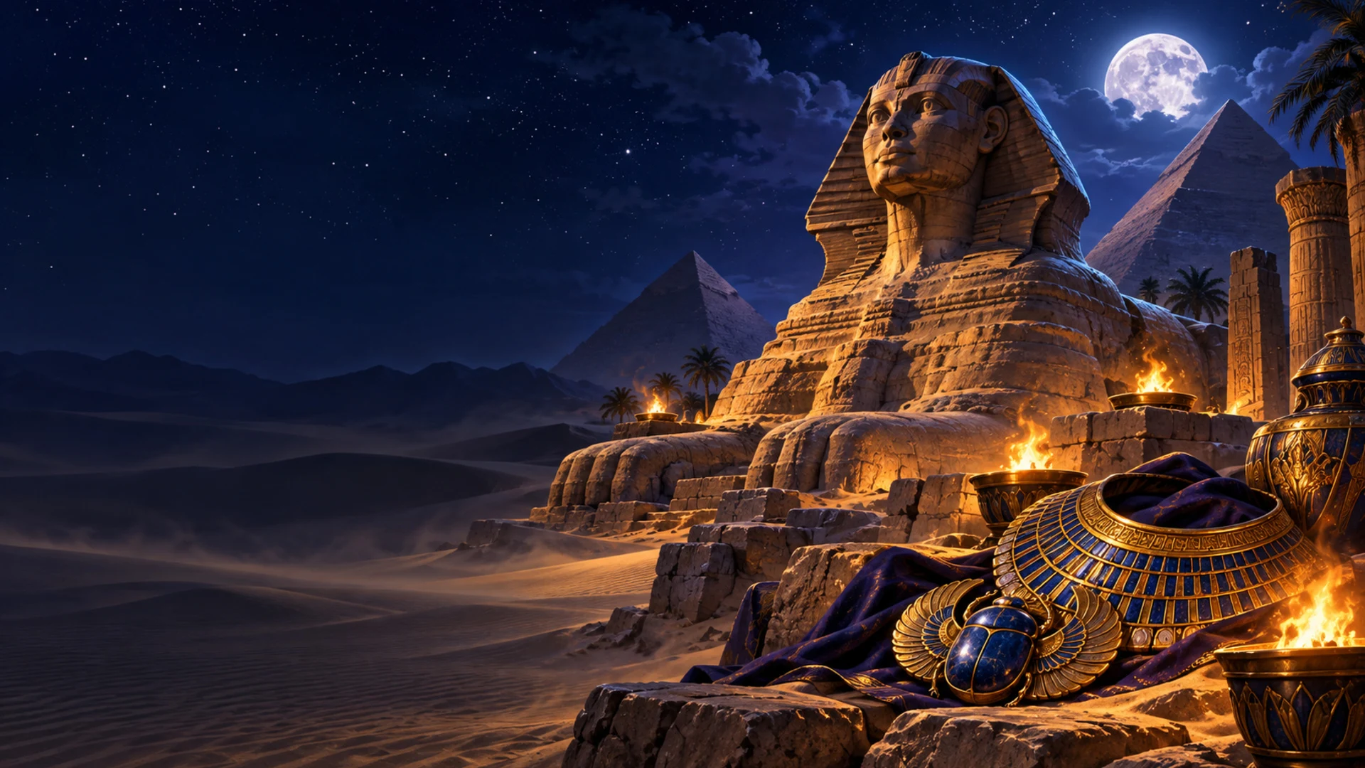 A Sphinx and ancient Egypt themed slot machine beside golden pyramids