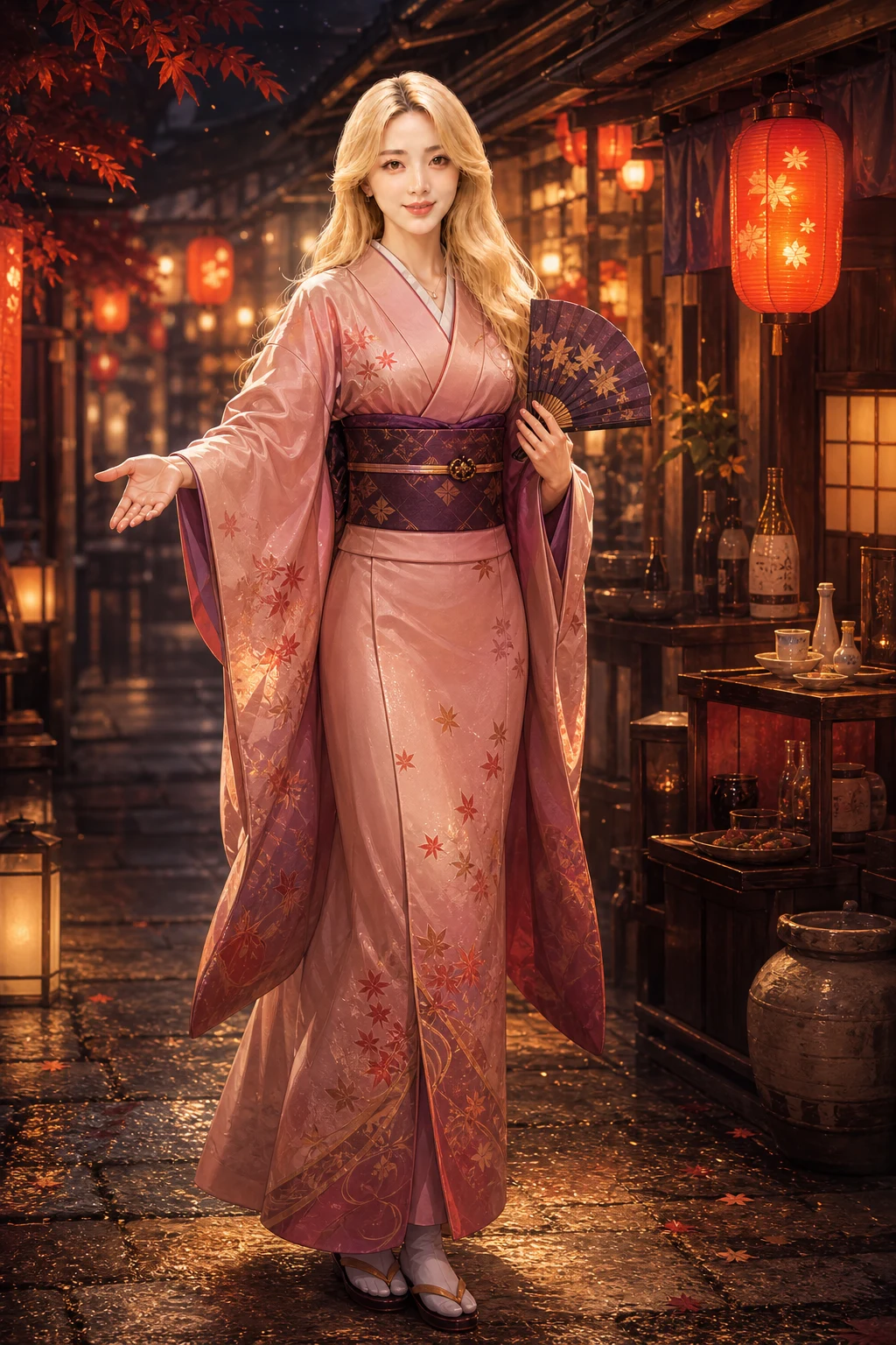 The Goddess in a pink kimono on an autumn street