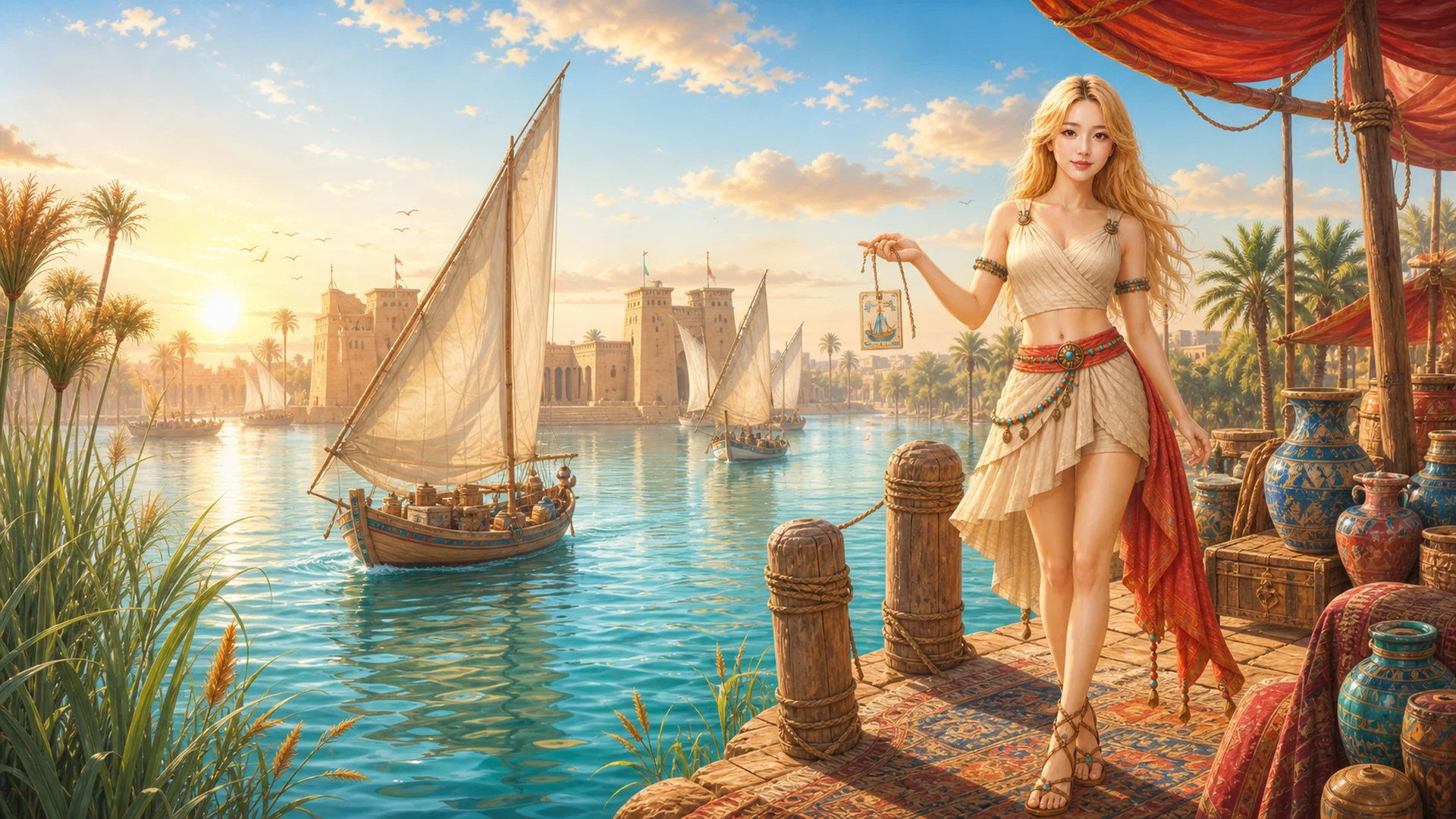 The Goddess beside a Nile river port at sunrise