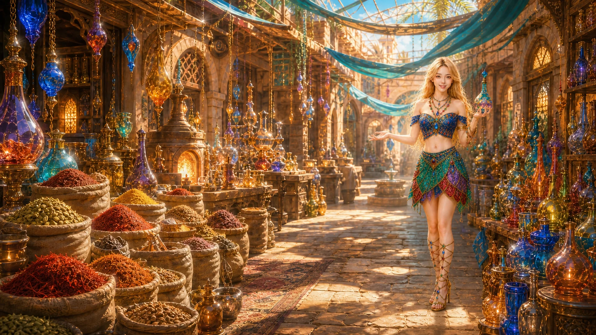 The Goddess walking through a sunlit spice and glass market