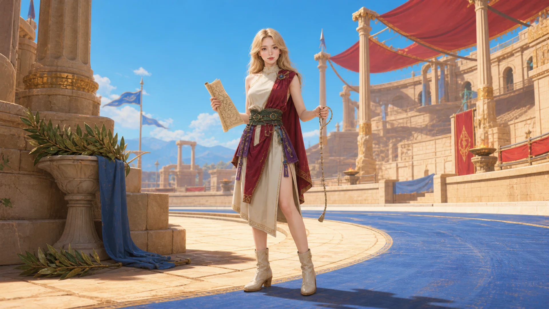 The Goddess carrying a map through a sunlit arena