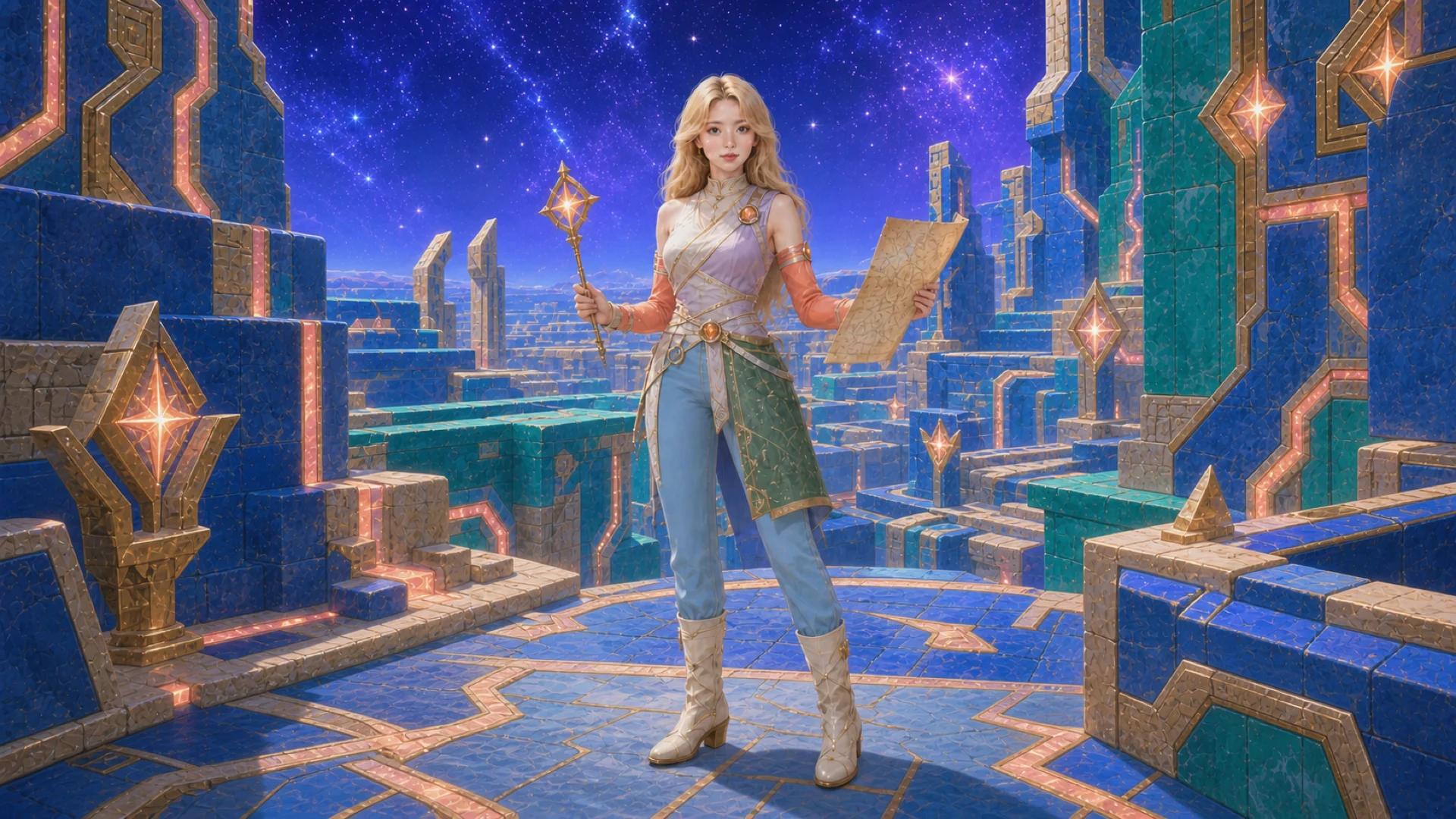 The Goddess charting a luminous star maze