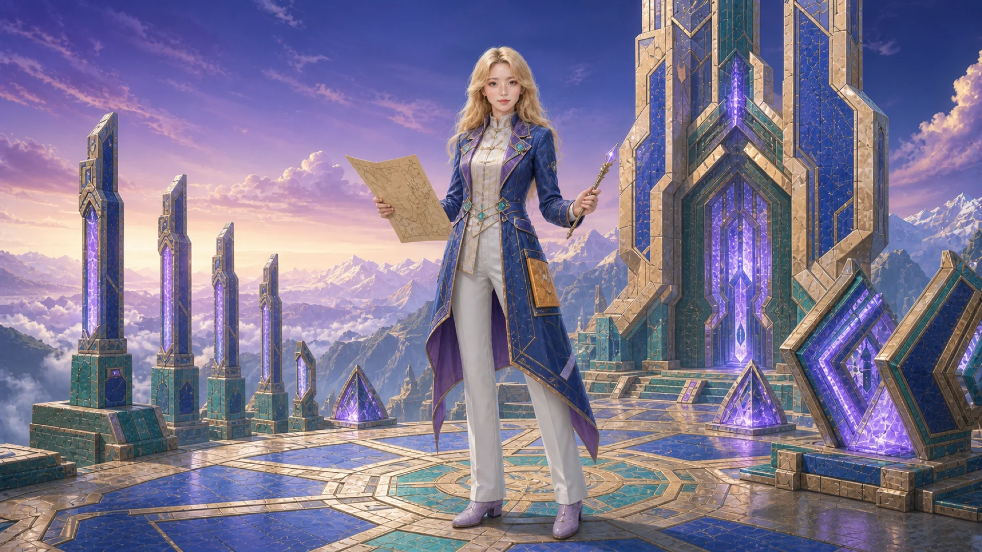 The Goddess charts a crystalline citadel above the clouds