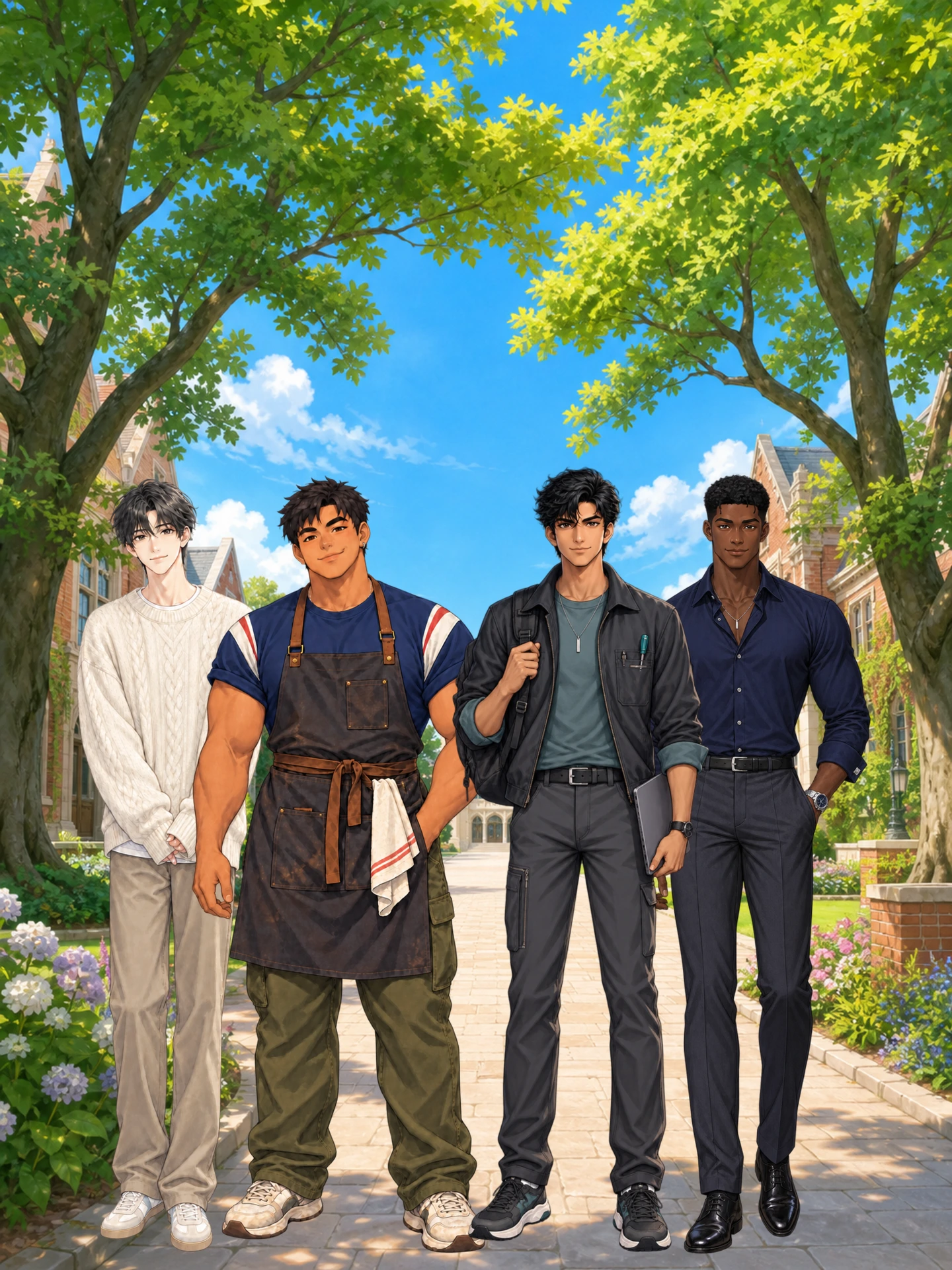 Four adult men beneath the sunlit Old Oak
