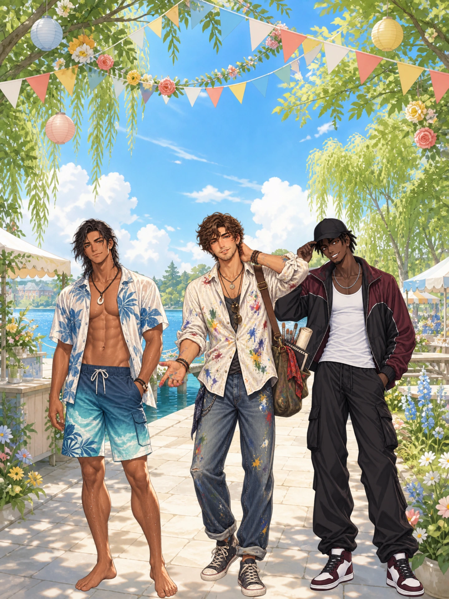 Adult students at a bright lakeside campus festival