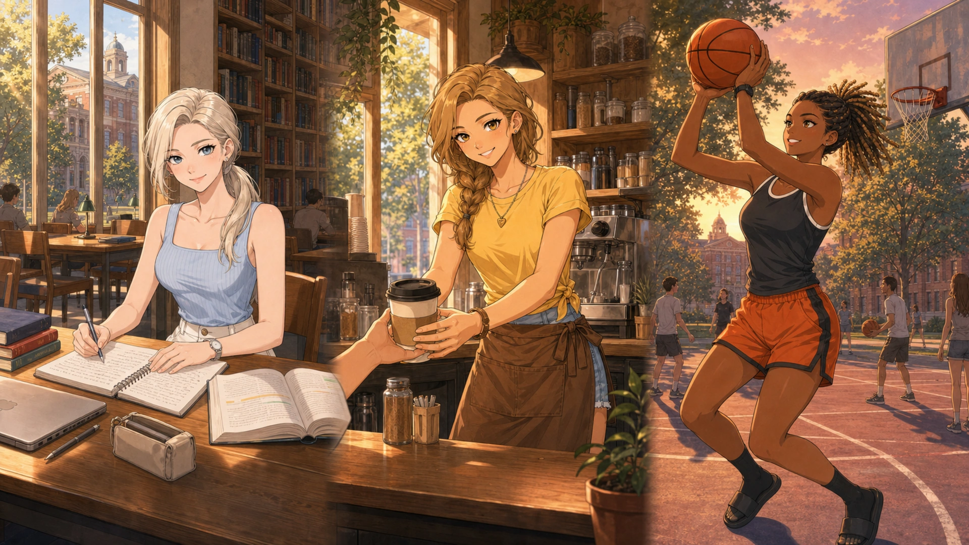 Study, café work, and basketball across one college week