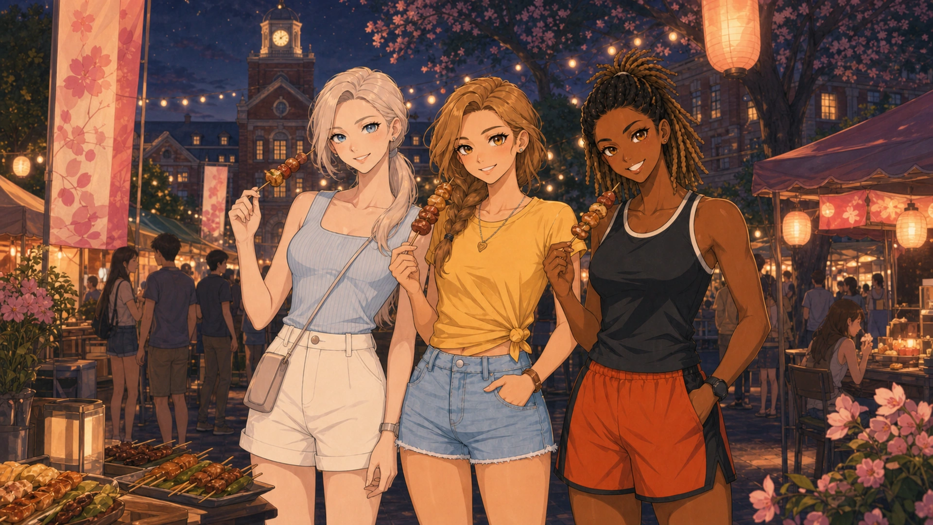 Friends enjoying a lantern-lit campus night market