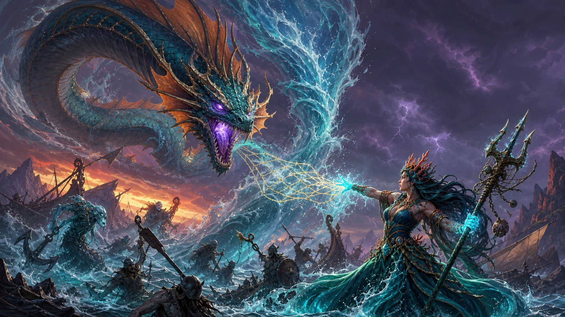 Heroes facing a colossal enemy in a Nordic realm